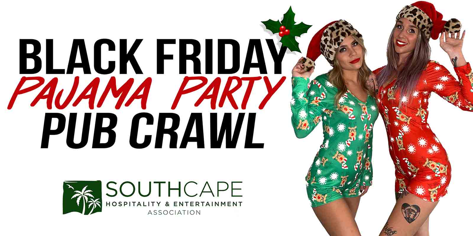Two young women wearing holiday pajamas - Black Friday Pajama Party Pub Crawl